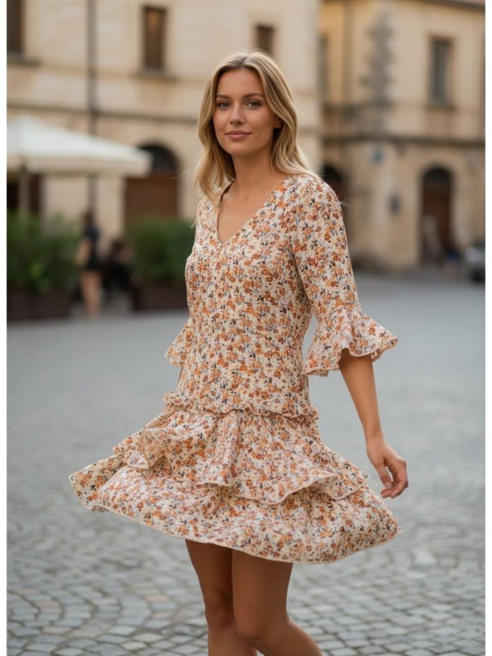 Melissa Floral V-Neck Ruffled Mini Dress 3/4 Sleeves Belted Waist Small